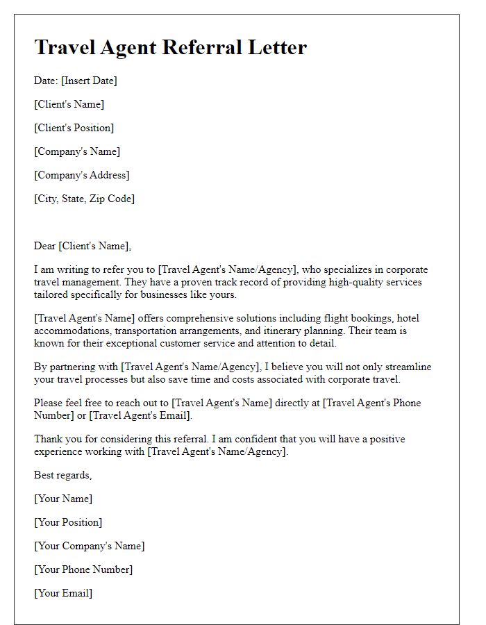 Letter template of travel agent referral for corporate clients.