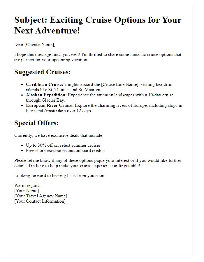 Letter template of travel agent suggestion for cruise bookings.