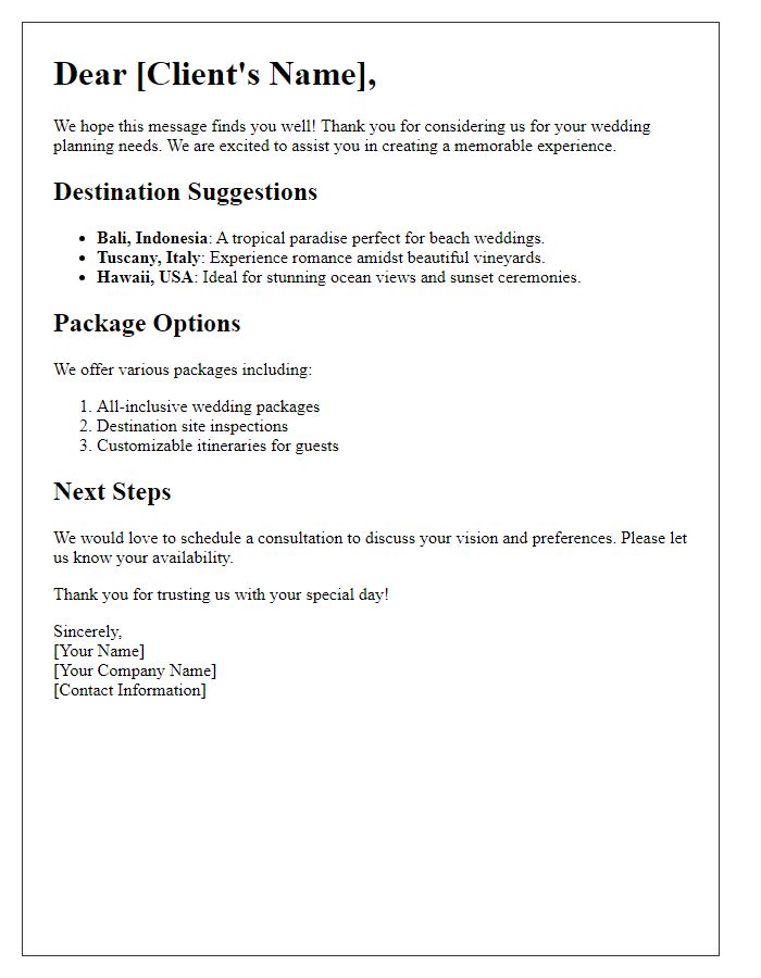 Letter template of travel agent suggestion for wedding planning.