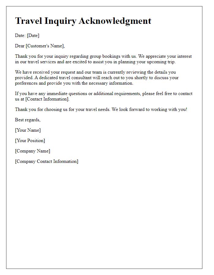 Letter template of travel inquiry acknowledgment for group bookings