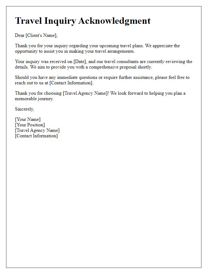 Letter template of travel inquiry acknowledgment for travel agents