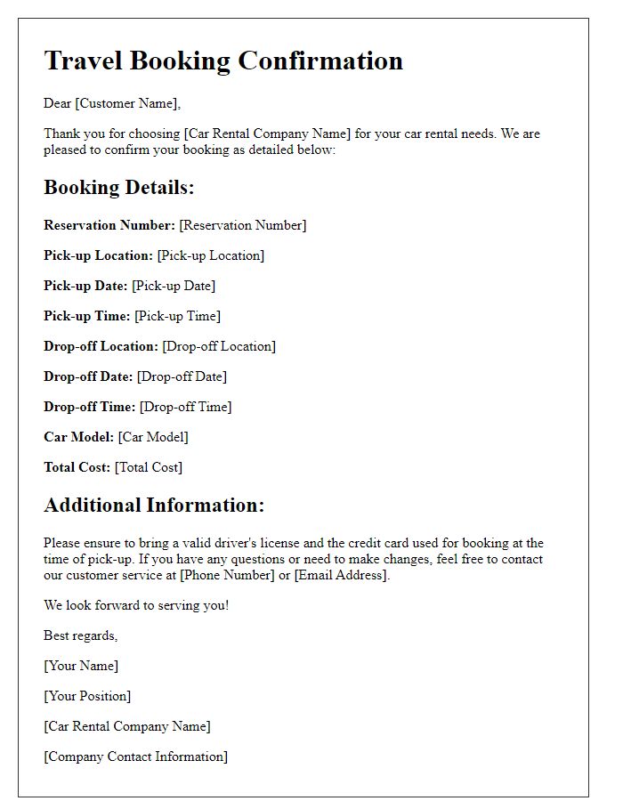 Letter template of travel booking confirmation for car rentals