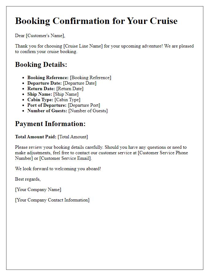 Letter template of travel booking confirmation for cruise bookings