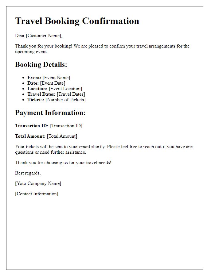 Letter template of travel booking confirmation for event tickets