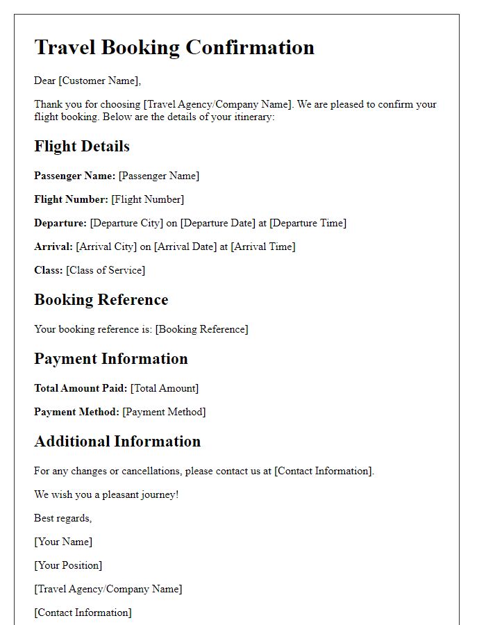 Letter template of travel booking confirmation for flights