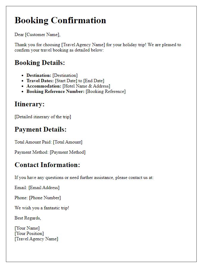 Letter template of travel booking confirmation for holiday trips