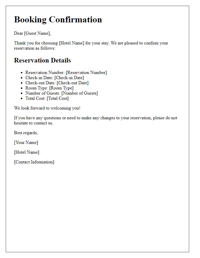 Letter template of travel booking confirmation for hotel reservations