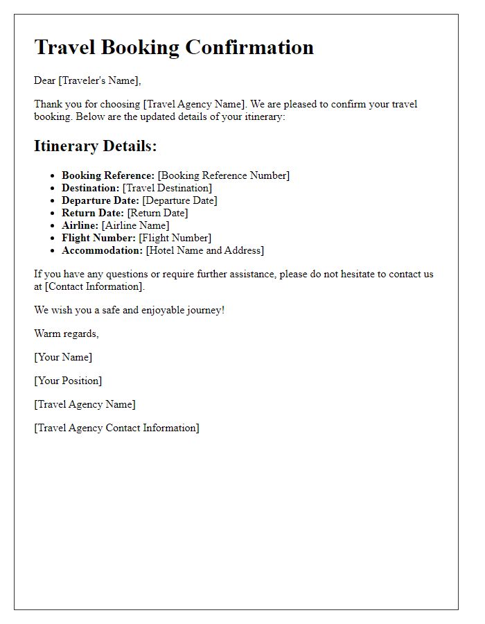 Letter template of travel booking confirmation for itinerary updates