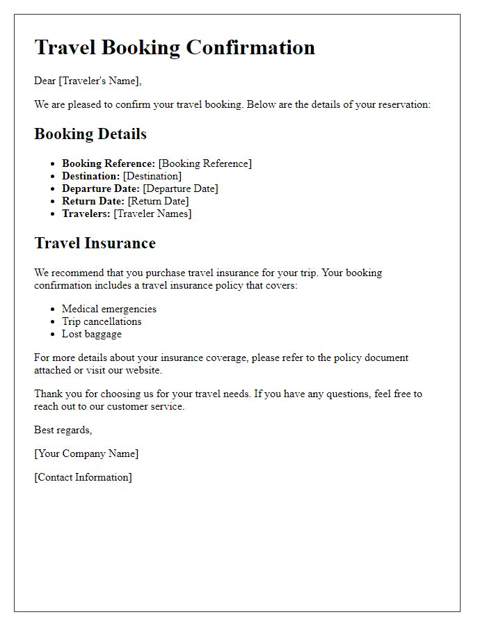 Letter template of travel booking confirmation for travel insurance