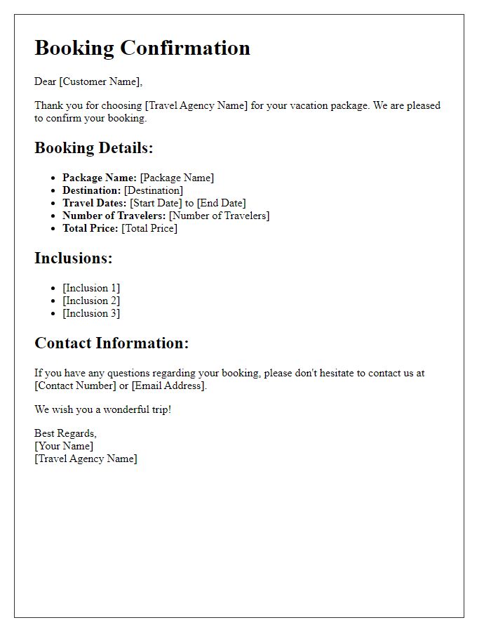 Letter template of travel booking confirmation for vacation packages