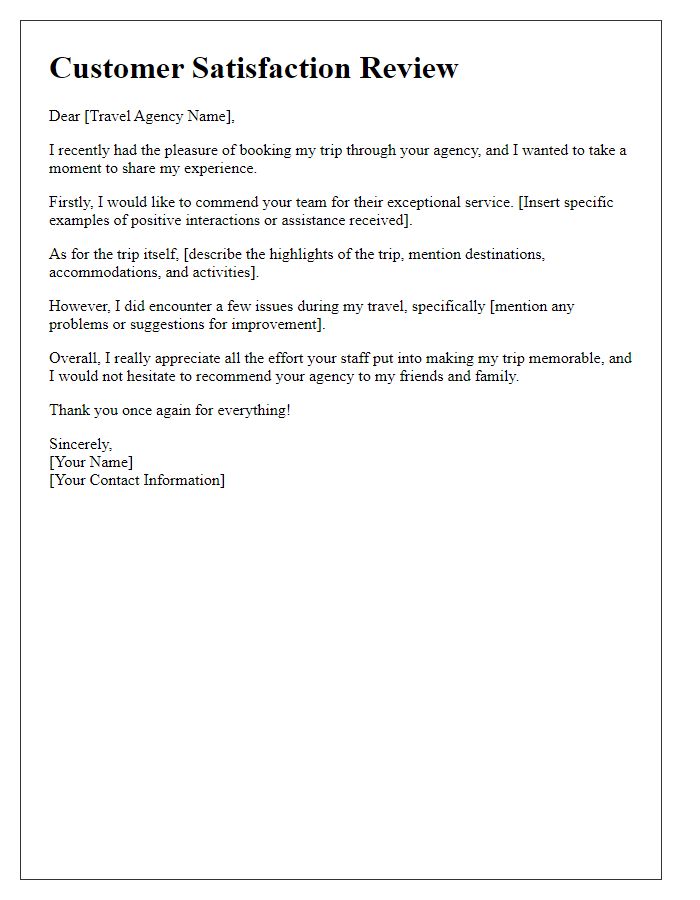 Letter template of travel agency customer satisfaction review