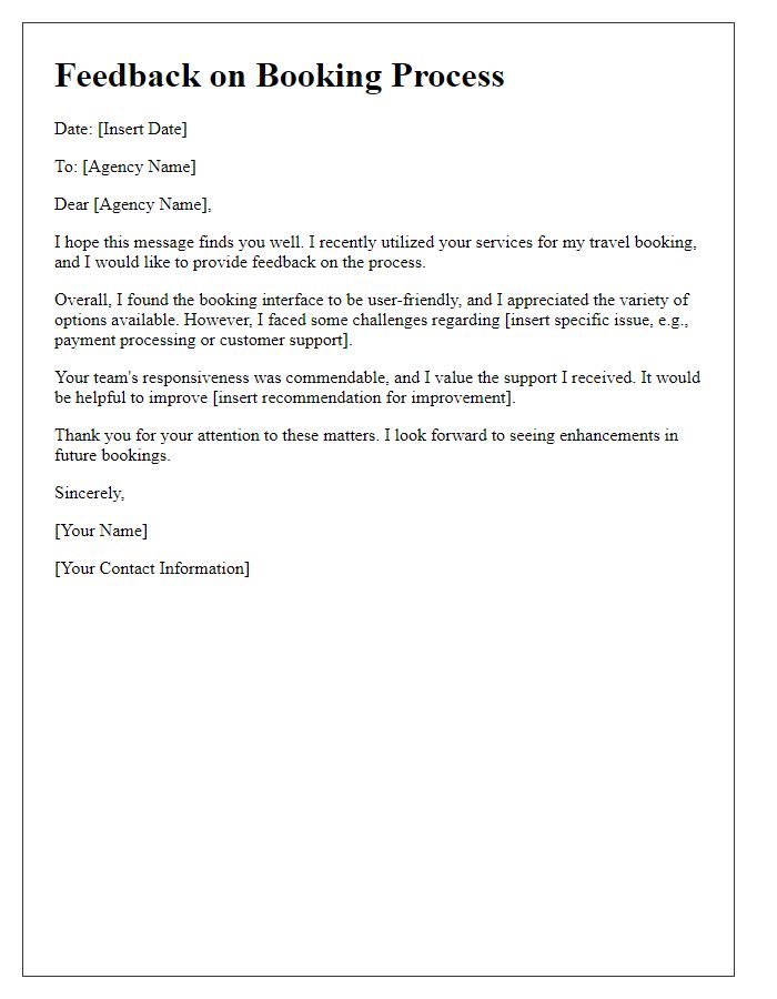 Letter template of travel agency feedback on booking process