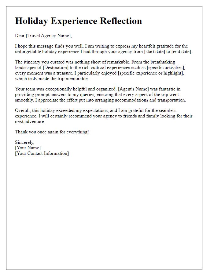 Letter template of travel agency holiday experience reflection