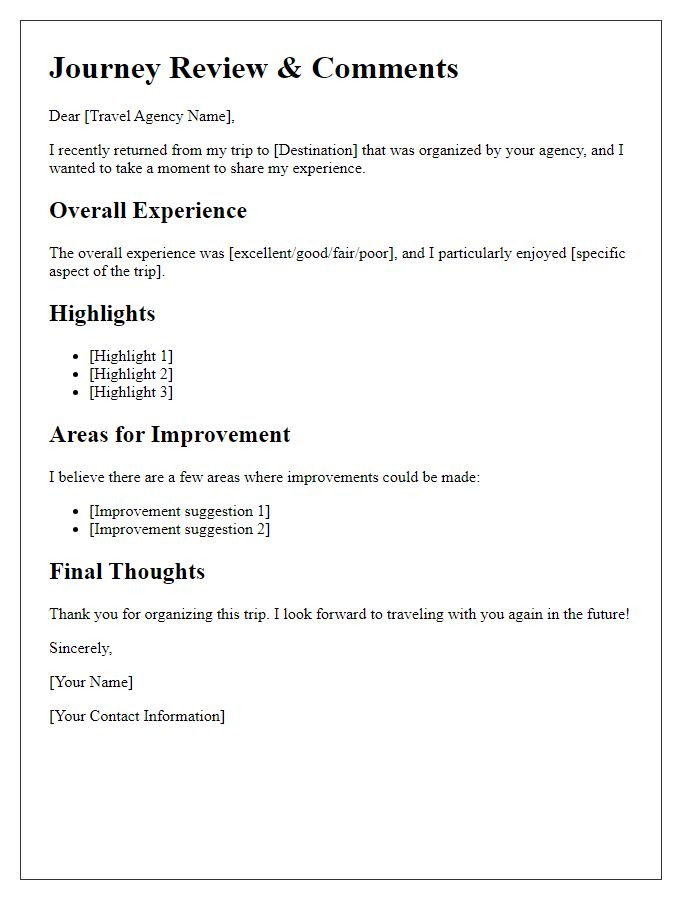 Letter template of travel agency journey review and comments