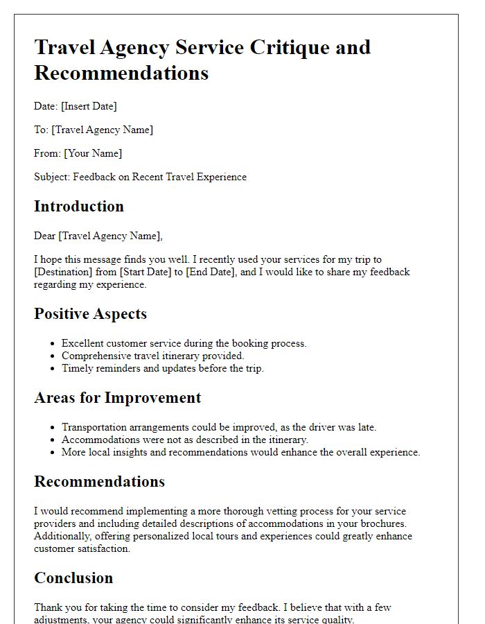 Letter template of travel agency service critique and recommendations