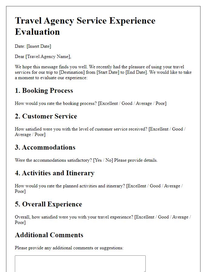 Letter template of travel agency service experience evaluation