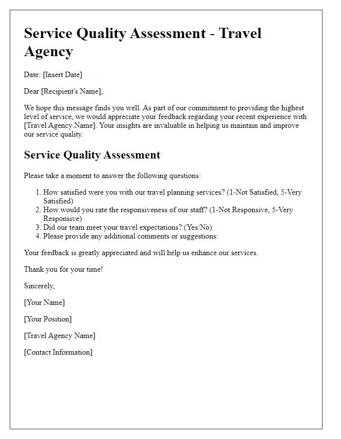 Letter template of travel agency service quality assessment