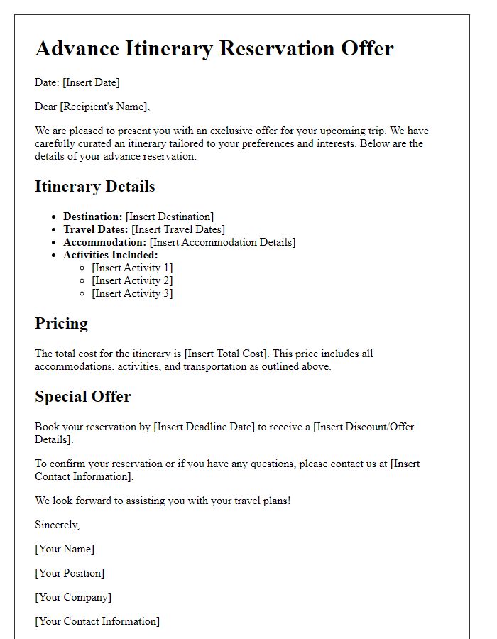 Letter template of advance itinerary reservation offer