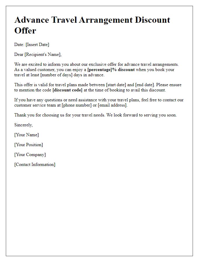 Letter template of advance travel arrangement discount