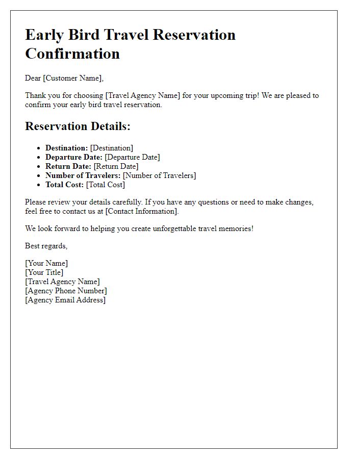 Letter template of early bird travel reservation