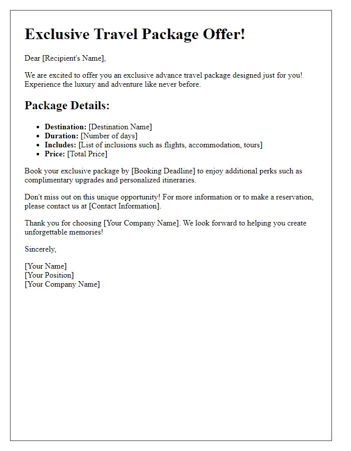 Letter template of exclusive advance travel package