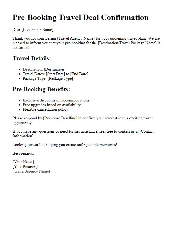 Letter template of pre-booking travel deal