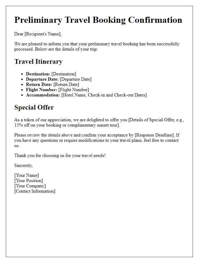 Letter template of preliminary travel booking special