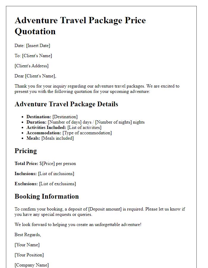 Letter template of travel package price quotation for adventure travel.