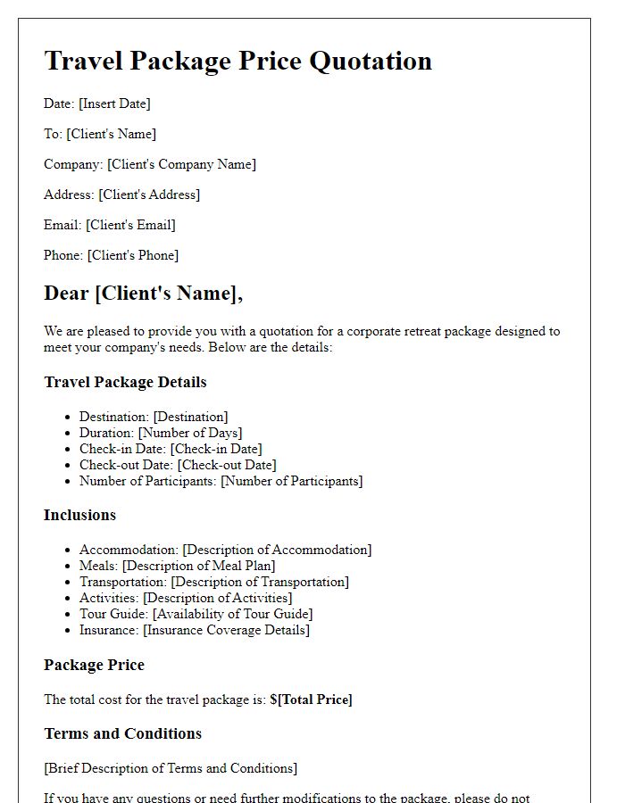 Letter template of travel package price quotation for corporate retreat.