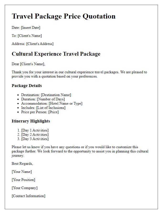 Letter template of travel package price quotation for cultural experience.