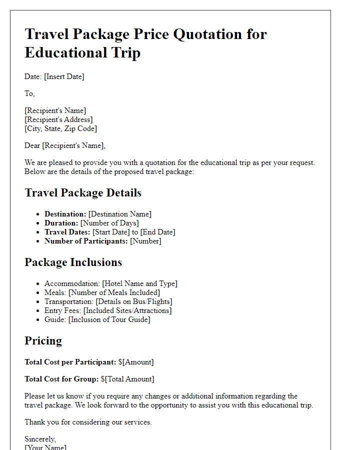 Letter template of travel package price quotation for educational trip.