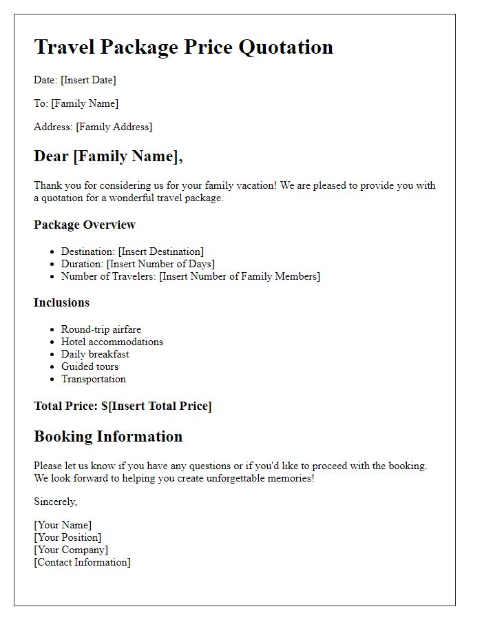 Letter template of travel package price quotation for family vacation.