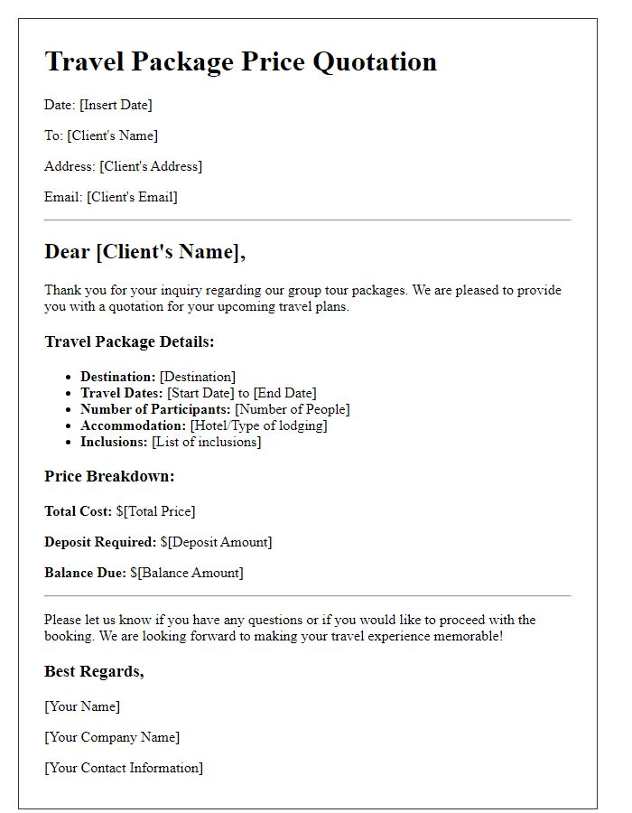 Letter template of travel package price quotation for group tour.