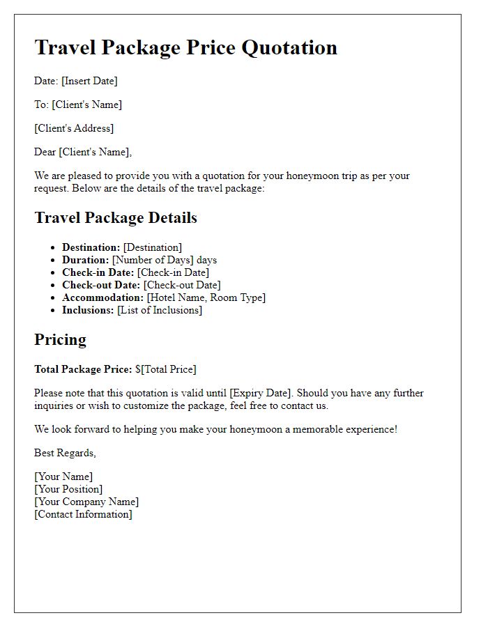 Letter template of travel package price quotation for honeymoon trip.