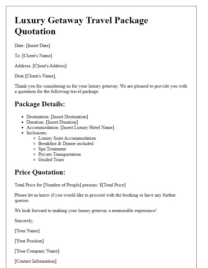 Letter template of travel package price quotation for luxury getaway.