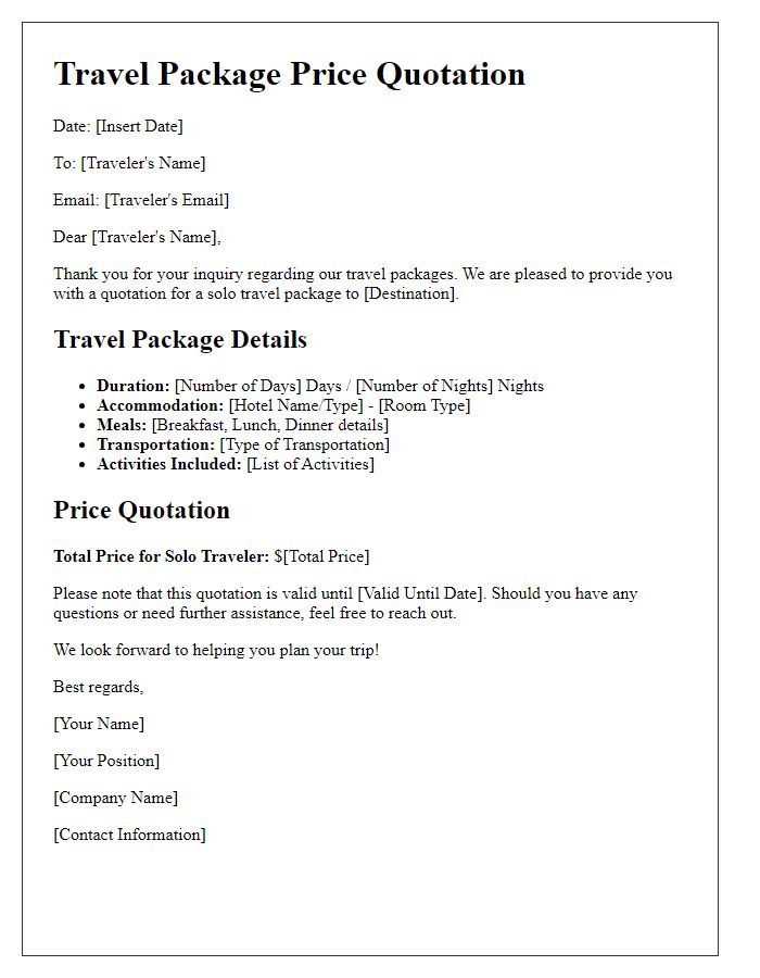 Letter template of travel package price quotation for solo traveler.