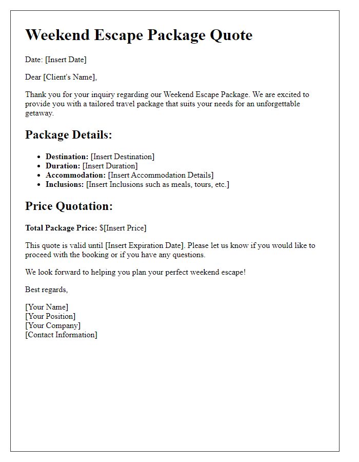 Letter template of travel package price quotation for weekend escape.