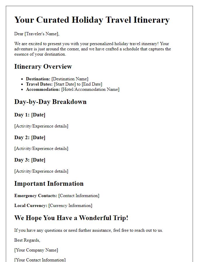 Letter template of curated holiday travel itineraries