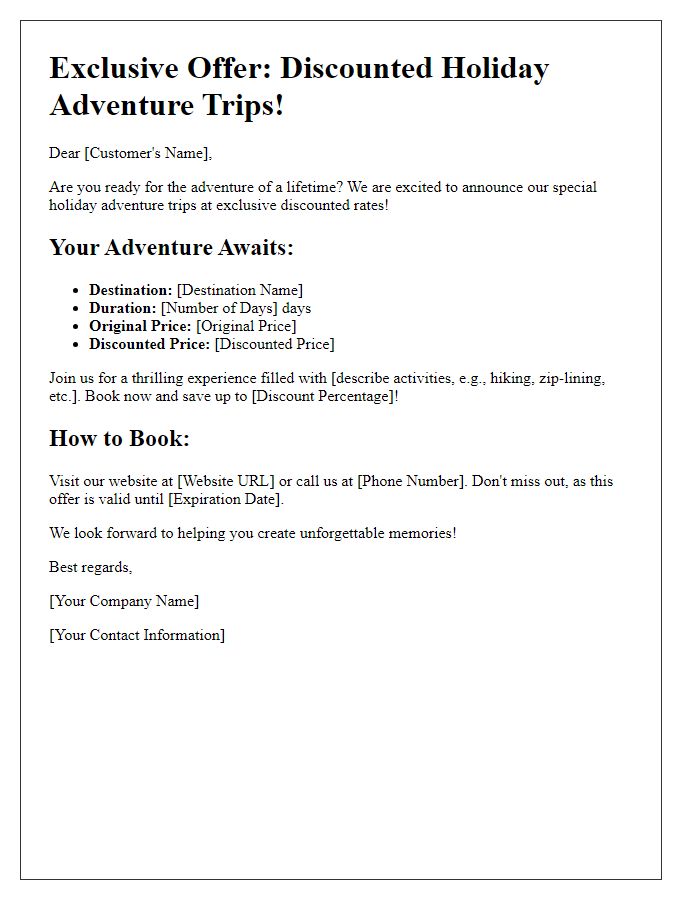 Letter template of discounted holiday adventure trips