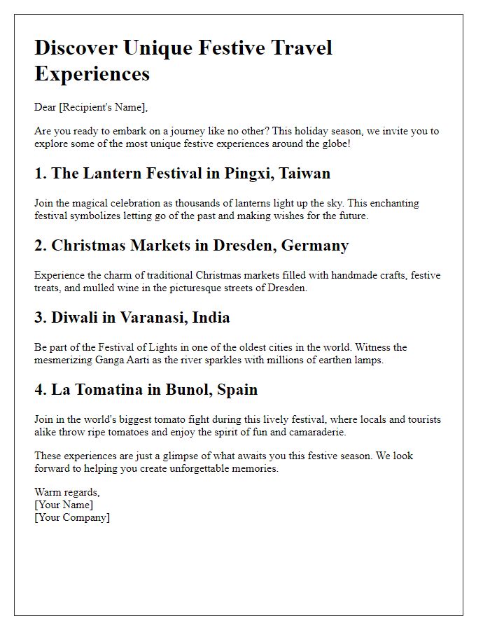 Letter template of unique festive travel experiences