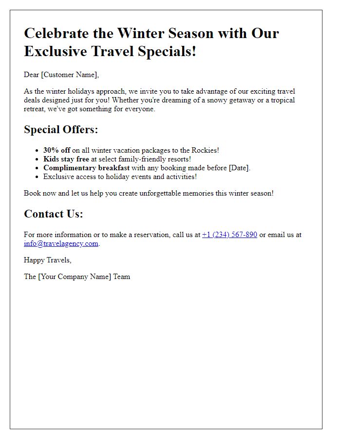 Letter template of winter holiday travel specials