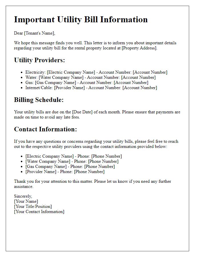 Letter template of important utility bill information for tenants