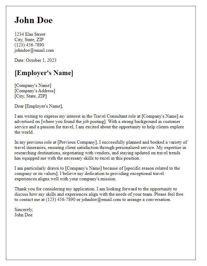 Letter template of cover letter for travel consultant role