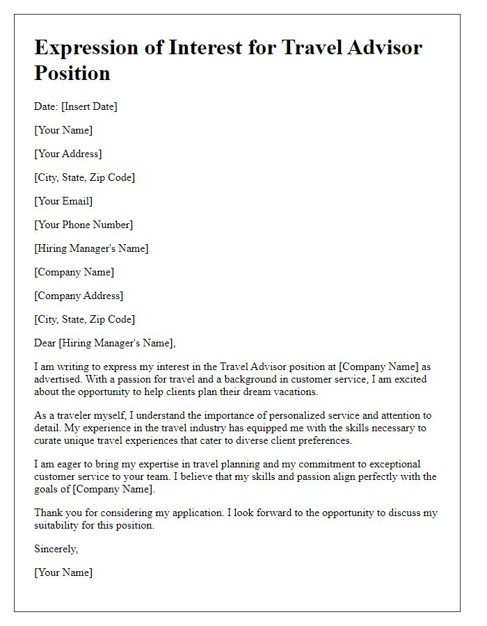 Letter template of expression of interest for travel advisor position