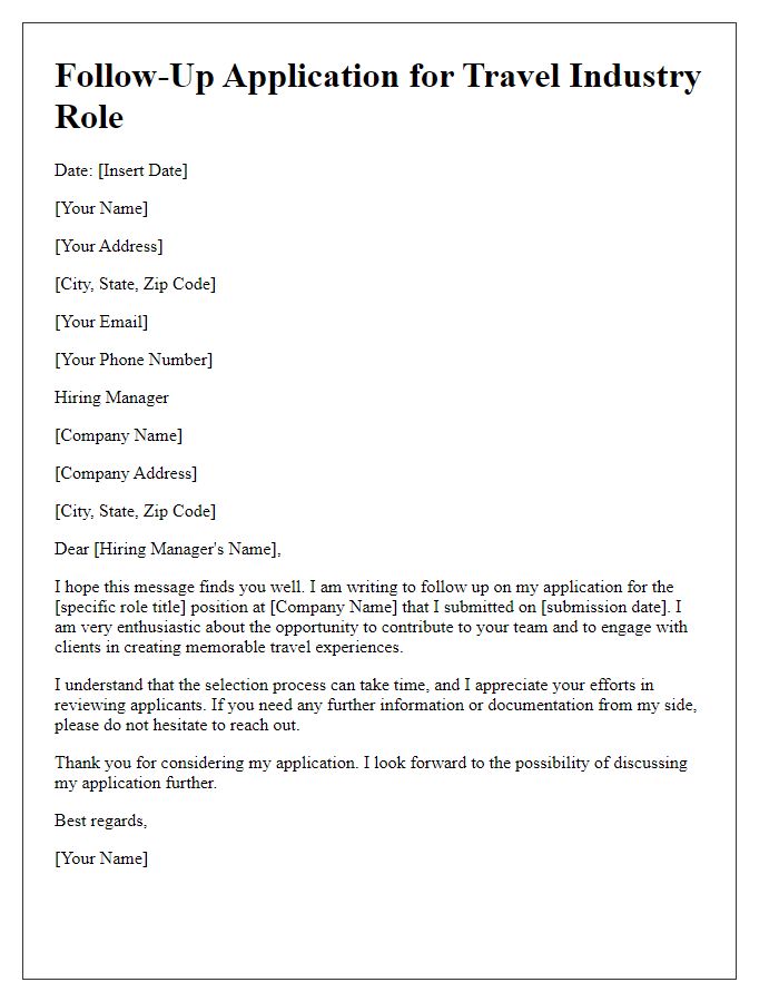 Letter template of follow-up application for travel industry role