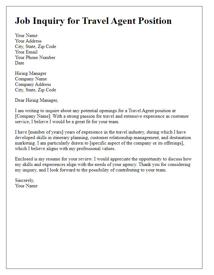 Letter template of job inquiry for travel agent opening