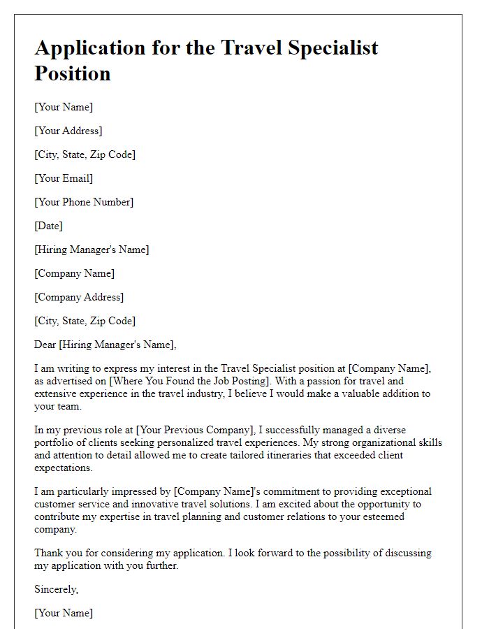 Letter template of personalized application for travel specialist job