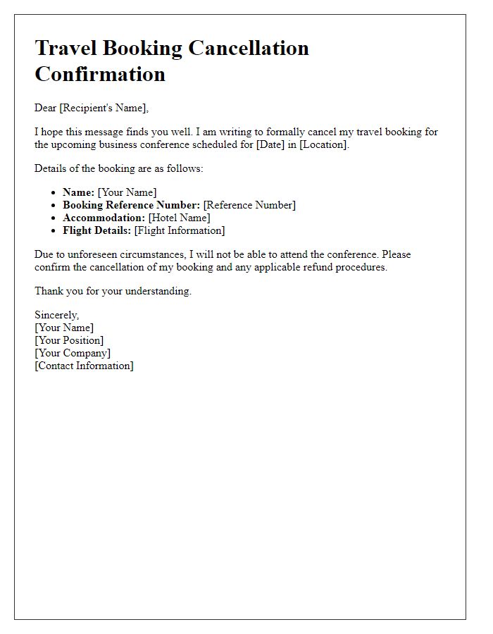 Letter template of travel booking cancellation for a business conference.