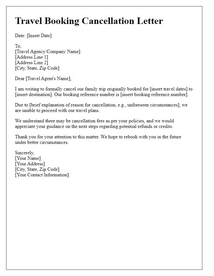 Letter template of travel booking cancellation for a family trip.