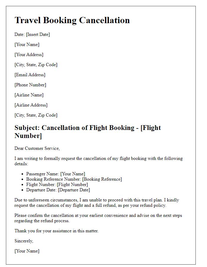 Letter template of travel booking cancellation for an international flight.